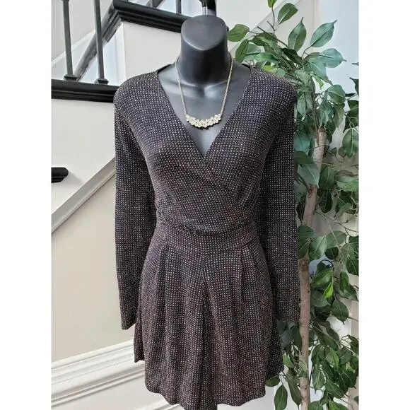 Dorothy Perkins Romper Womens Size 10 Black Glitter Long Sleeve Wrap V Neck - Picture 1 of 12